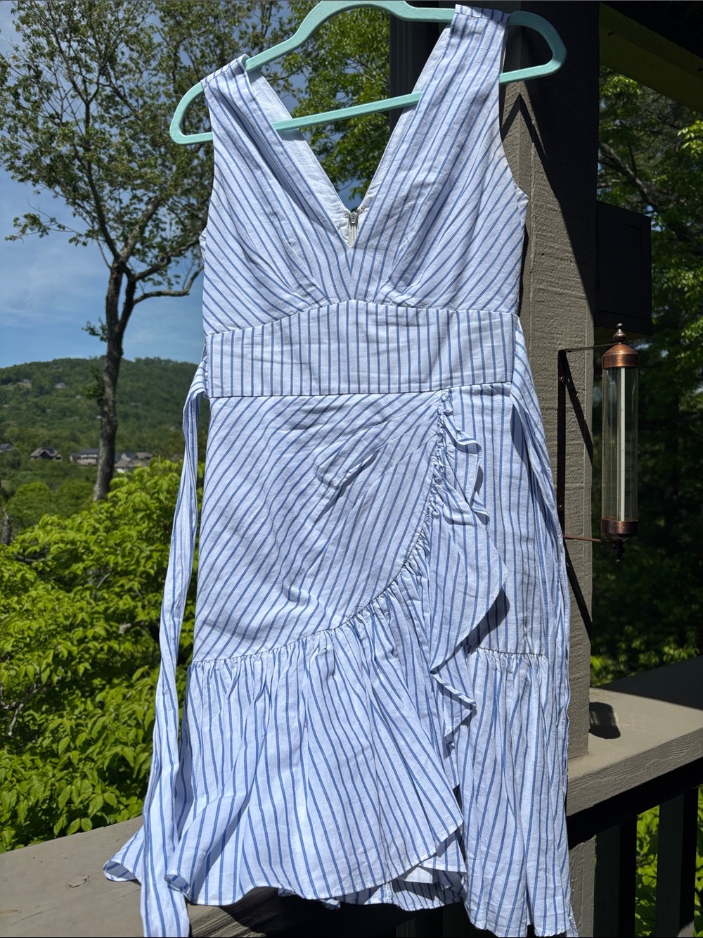 Rebecca Taylor Pale Blue Striped Linen Dress with Gold Logo Tag